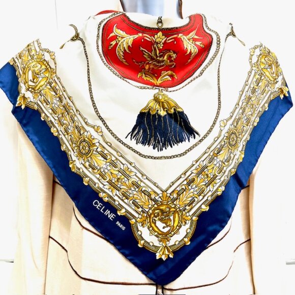 Celine Paris 100% Silk Satin Blue Ivery Gold Chain Scarf  34" Made In Italy (48) - Picture 1 of 16